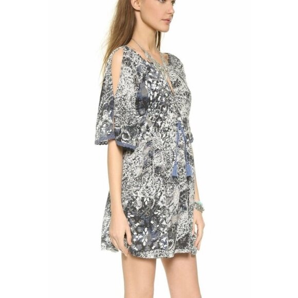 Free People blue printed Love Birds  mini dress / long tunic bohemian w/pockets - Picture 10 of 16